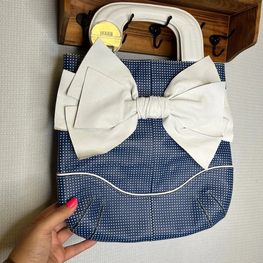 Bodei Blue Polka Dot Bow Tote Bag Purse White Handle Unique‎ Designer